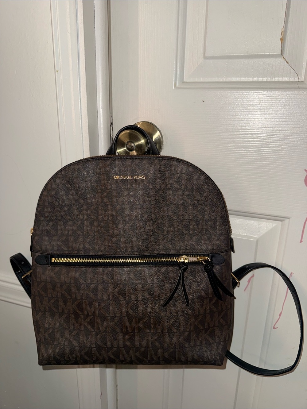 Michael Kors Dark Brown MK Logo Dome Backpack with Gold Hardware